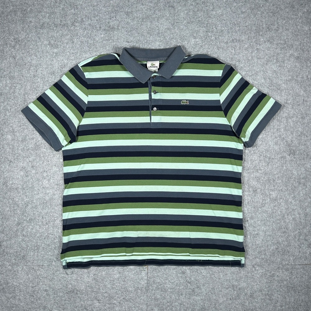 Lacoste Polo Shirt Men 7 Green Blue Striped Short Sleeve Pique Cotton Casual y2k